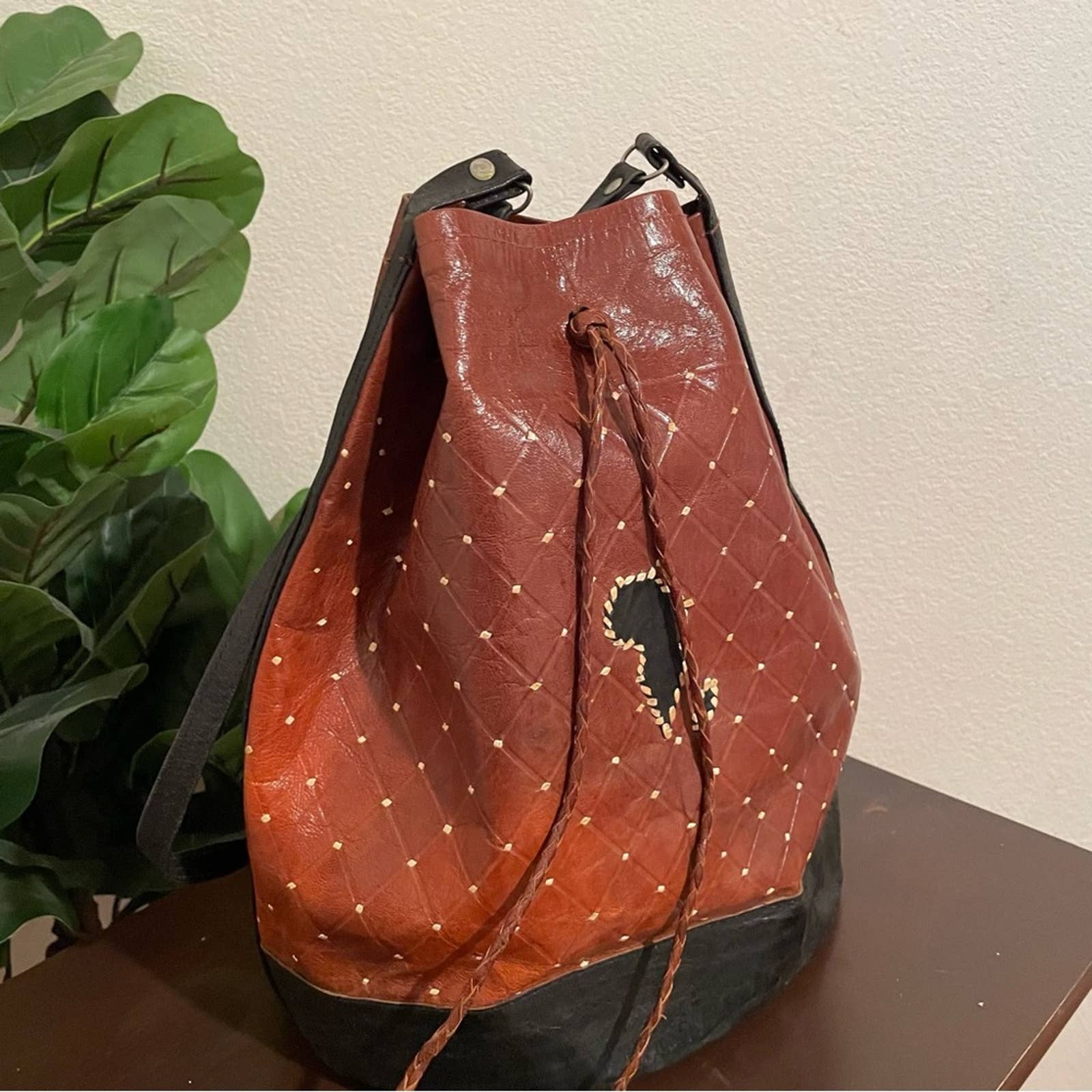 Vintage Brown Quilted Hobo Bag With Black Base